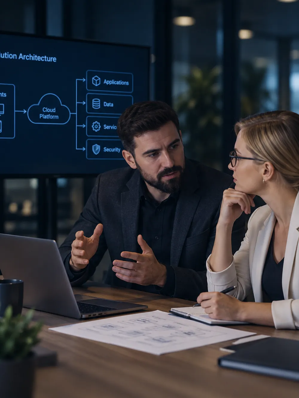 Two colleagues discuss a cloud architecture diagram at a table