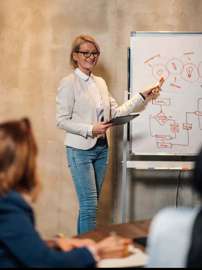 A leader walks colleagues through a design-thinking sketch on a whiteboard